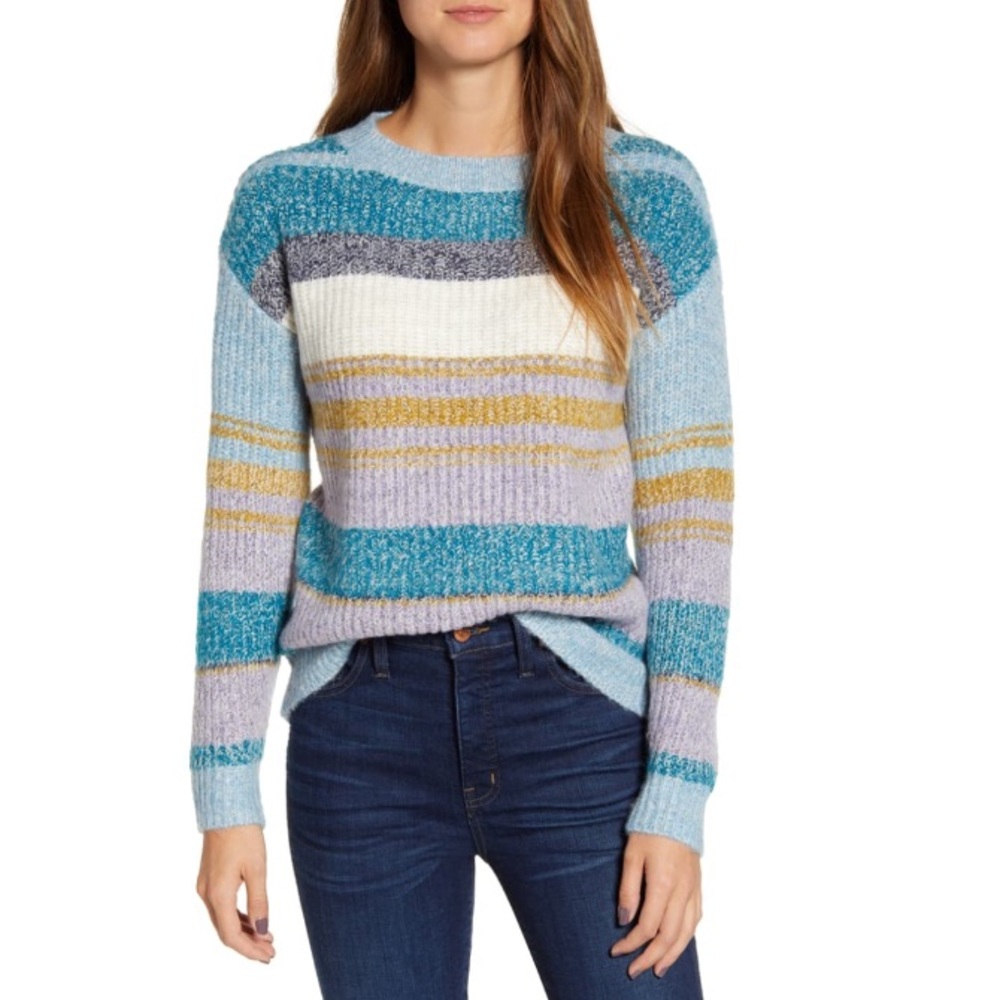 Caslon Fluffy Stripe Grey & Teal Combo Sweater Size Large